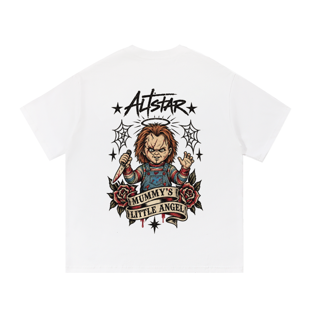 White t-shirt with ATSTAR angel child back graphic and star accents, short sleeves