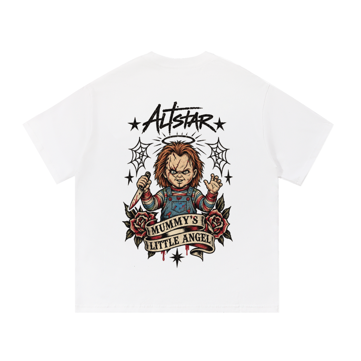 White t-shirt with ATSTAR angel child back graphic and star accents, short sleeves