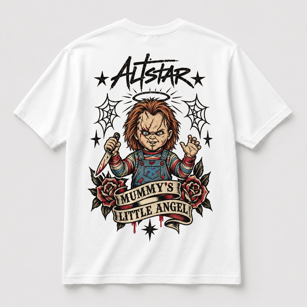 White t-shirt with ATSTAR graphic and angel child print, short sleeves