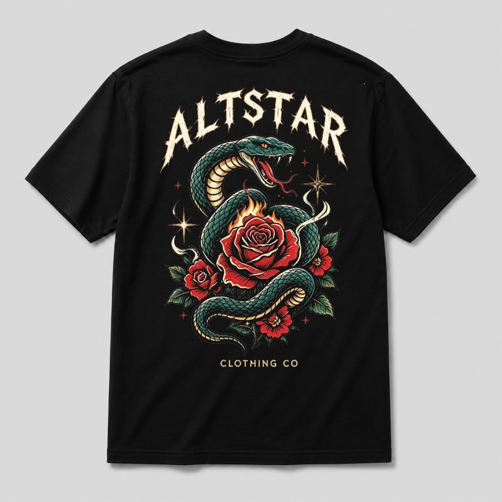Black crewneck T-shirt with large Altstar snake and red rose graphic on front.