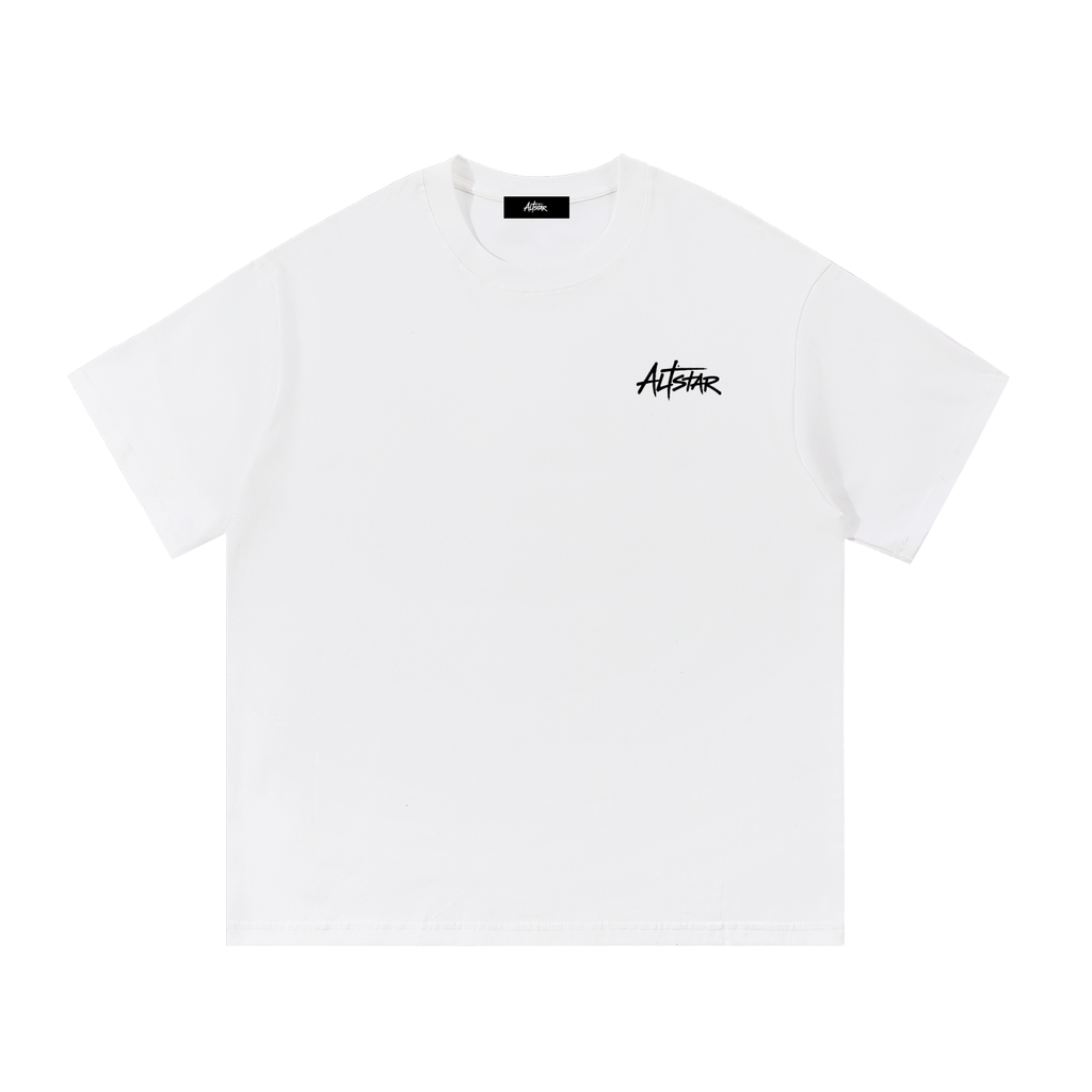 White t-shirt with small ATSTAR logo on chest, crew neck, short sleeves