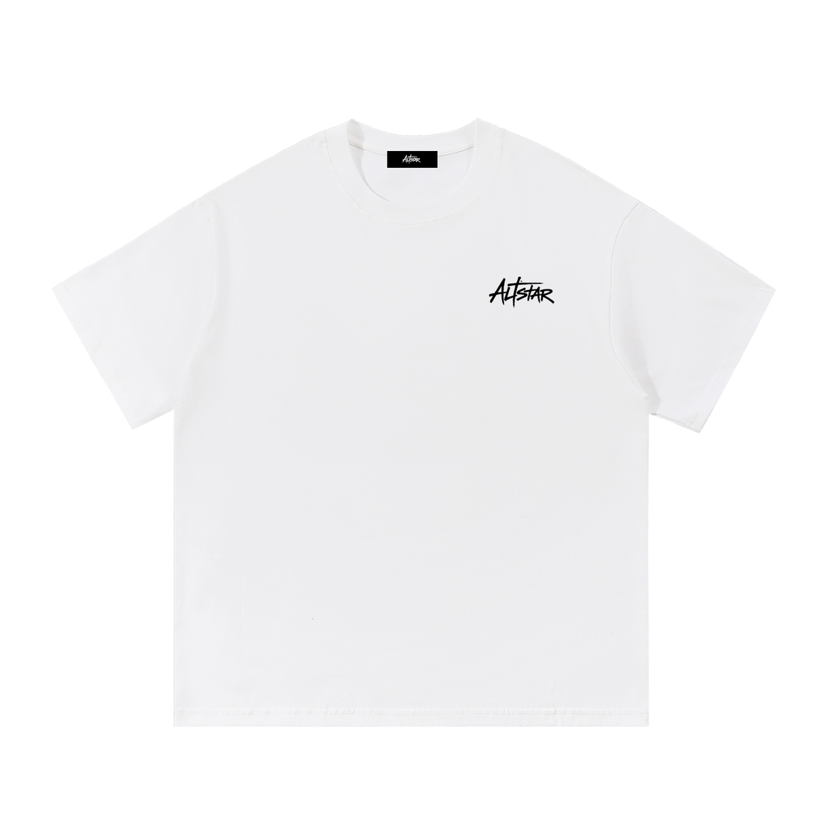White t-shirt with small ATSTAR logo on chest, crew neck, short sleeves