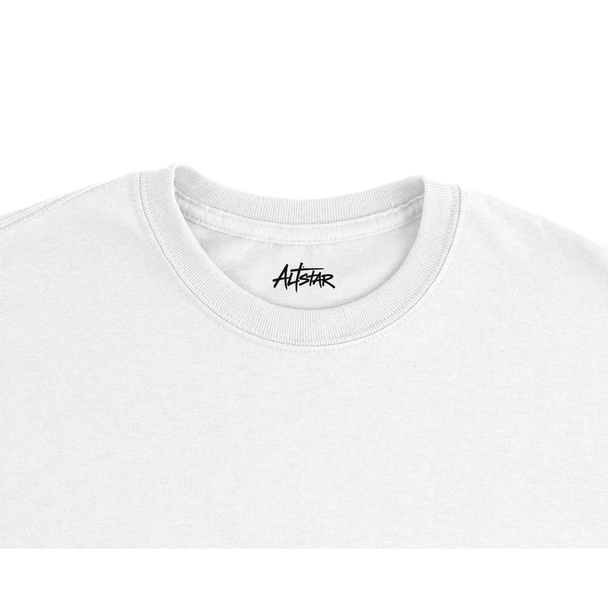 White Altstar crewneck T-shirt logo close-up at neckline