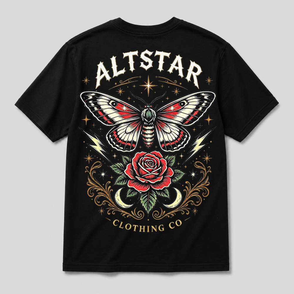 Black crew-neck graphic t-shirt with moth and rose print, short sleeves