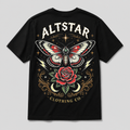 Black crew-neck graphic t-shirt with moth and rose print, short sleeves