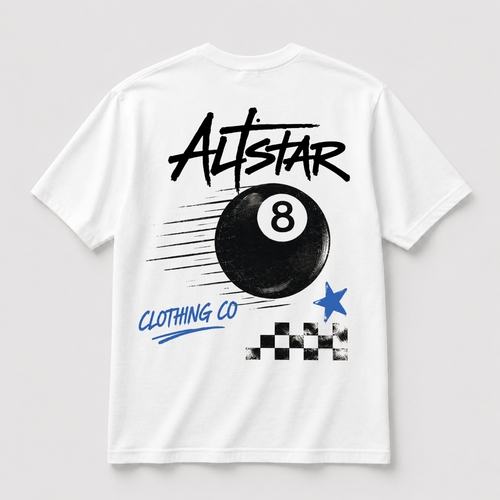 White T-shirt with 8 ball graphic, Allstar text, checkered pattern and blue stars