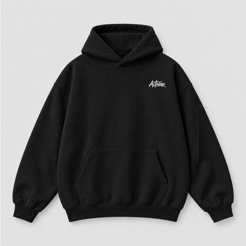 Black oversized pullover hoodie with kangaroo pocket and drawstring hood, Allstar logo