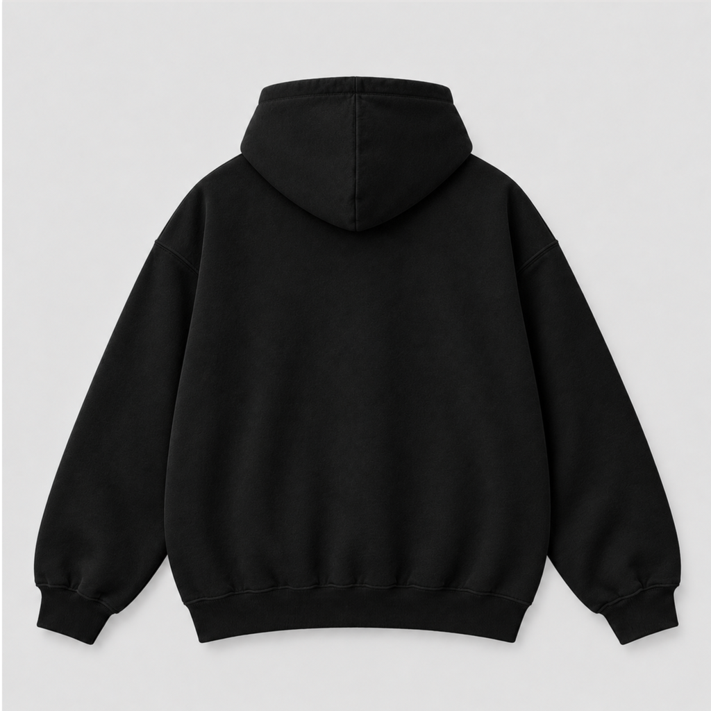 Black oversized pullover hoodie, back view with hood and kangaroo pocket seams