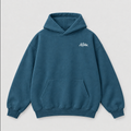 Oversized cobalt-blue hoodie with front pocket and small chest logo