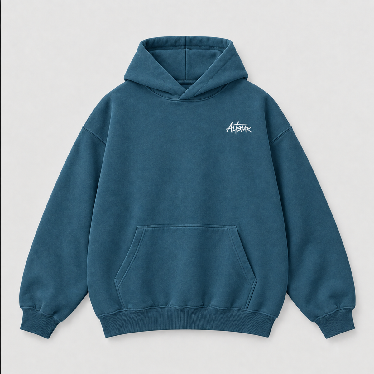 Oversized cobalt-blue hoodie with front pocket and small chest logo
