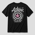 Black crewneck T-shirt with white star emblem and distressed text
