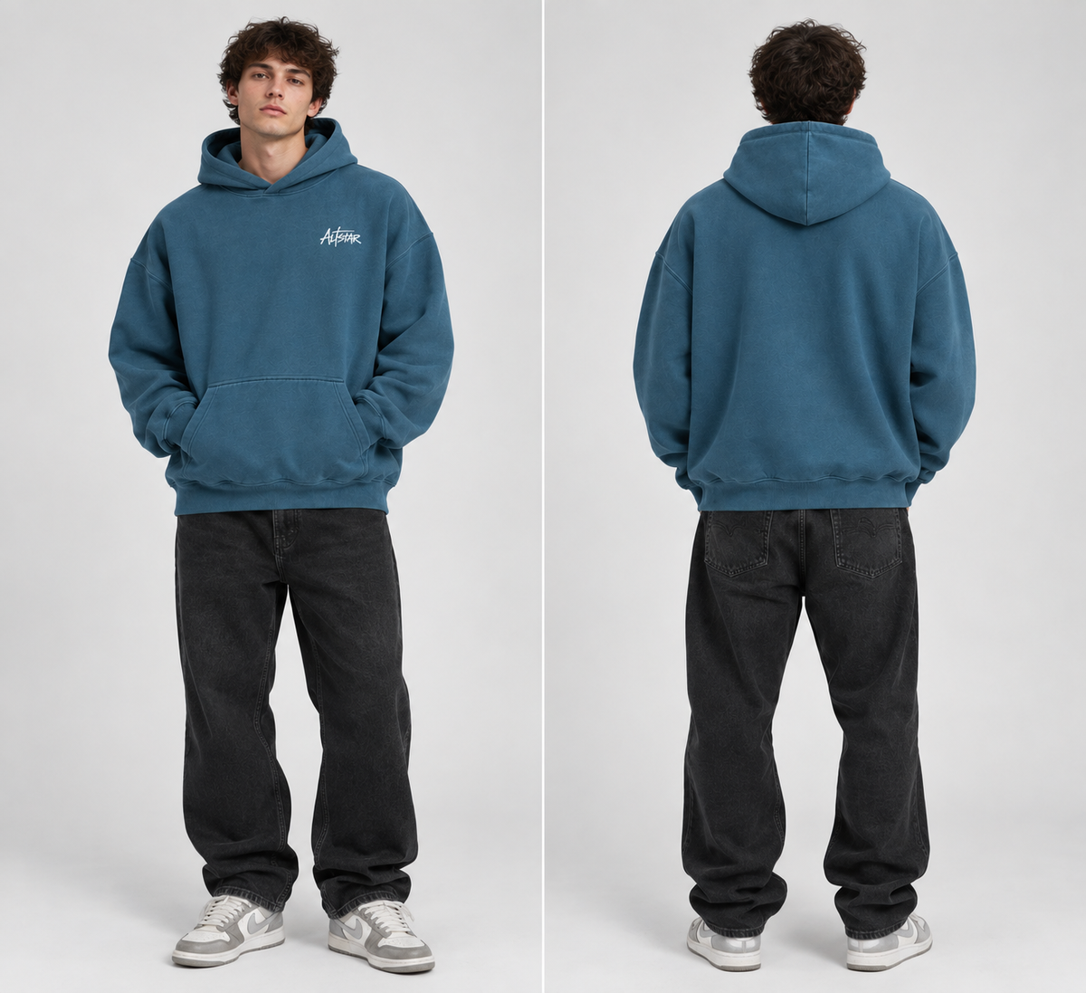 Oversized cobalt-blue hoodie worn by model, hooded front with logo and pocket