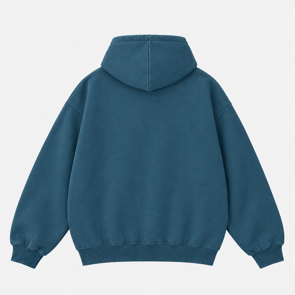 Oversized cobalt-blue hoodie with hood and ribbed cuffs, plain back view