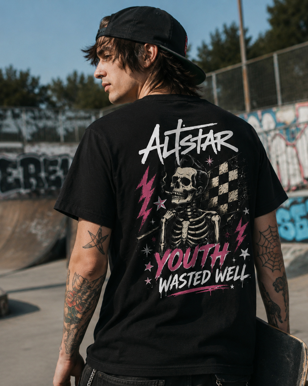 Person wearing a black t-shirt with a graphic design and text, standing in a skate park.