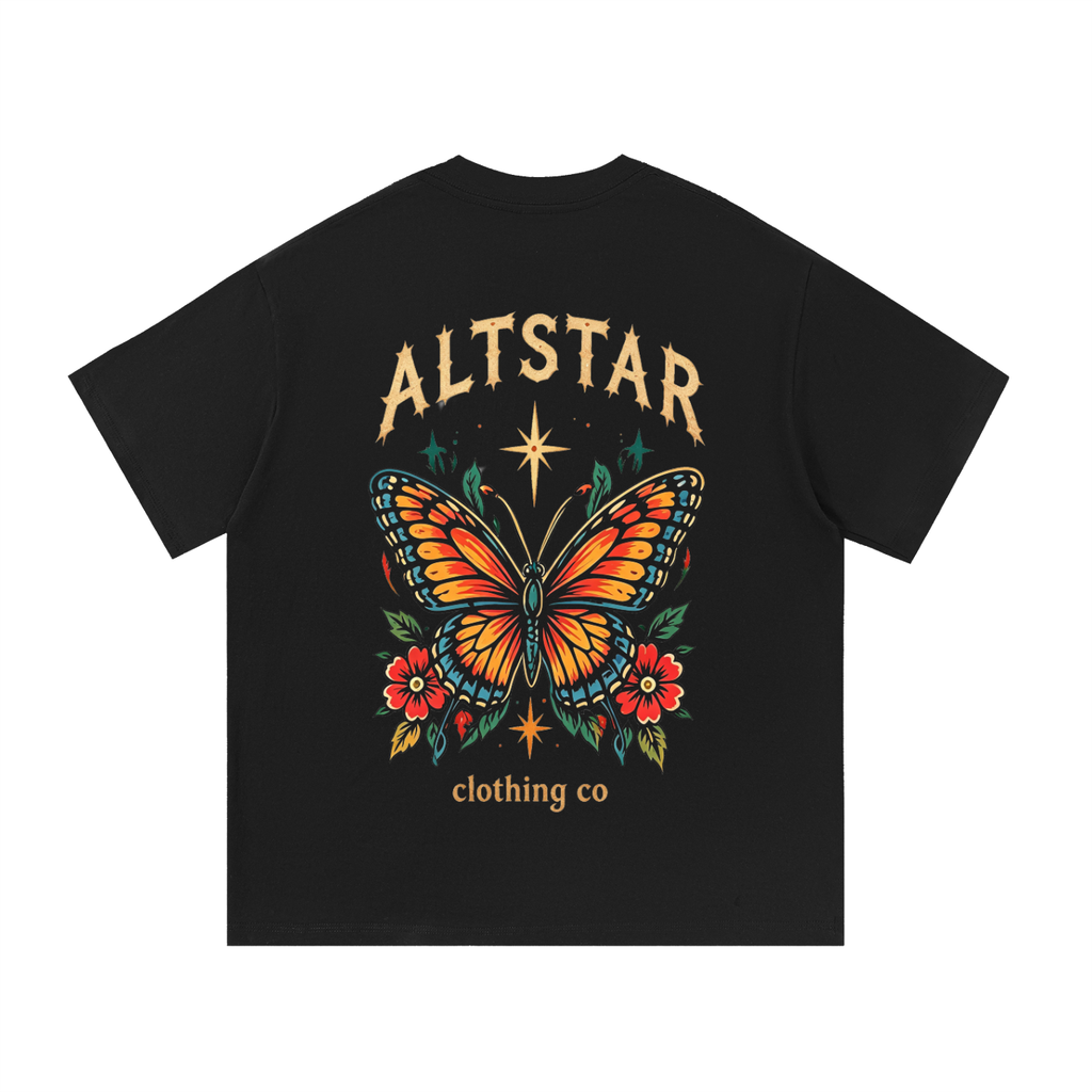 Black T-shirt with colorful tattoo-style butterfly and ALTSTAR text on back