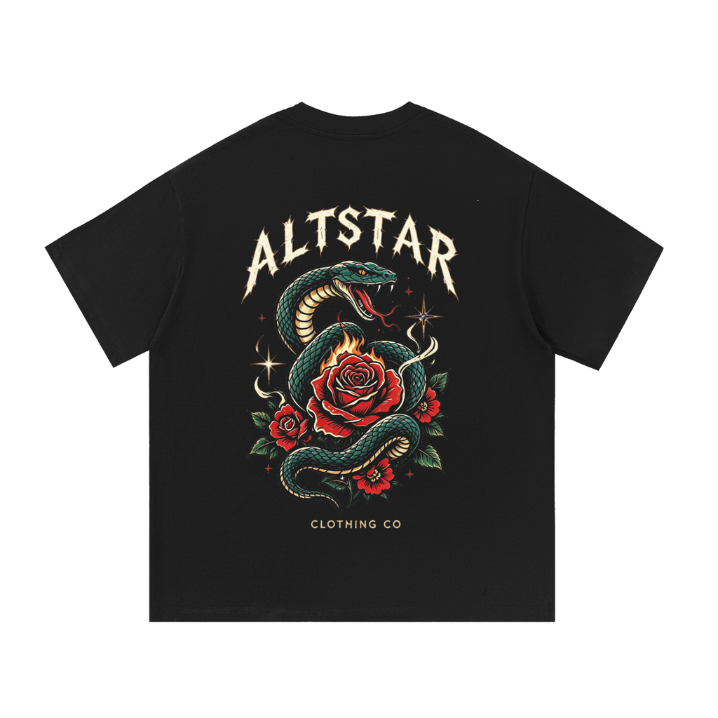 Black crewneck T-shirt with large Altstar snake and red rose graphic on back.