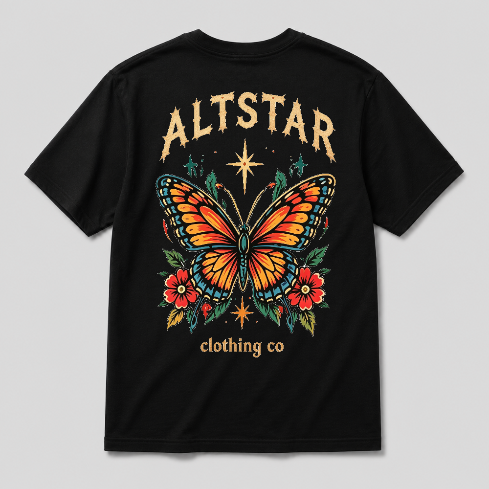 Black graphic T-shirt with colorful tattoo-style butterfly and ALTSTAR print